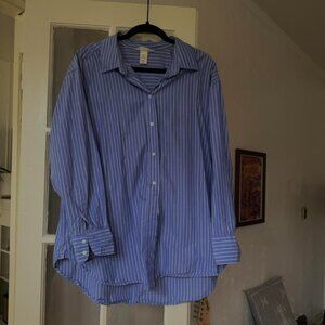 Blue and white stripped button up shirt.